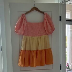 Sabo Skirt Colorblock Mini Dress in Pink, Yellow, and Orange